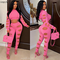 Sexy Solid Color Hollow Out Crop Top 2 Piece Set Women Sets Two Piece Two Piece Pants Set Women