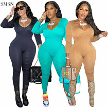 Solid Color Knit Ribbed Neckline One Piece Jumpsuits Jumpsuit Women Rompers Long Sleeve Jumpsuits
