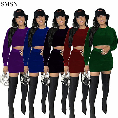 Newest Design Solid Color Corduroy Round Collar Skirt Suit Women 2 Piece Spring Sets