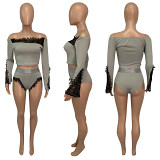 MOEN Fashionable Rib Lace Spliced 2 Piece Set Women Clothing Women 2021 Sexy Off The Shoulder Two Piece Short Set