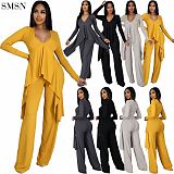 High Quality Solid Color Long Sleeve Irregular Wide Leg Trouser Suit 2 Piece Casual Set Women