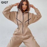 High Quality Elastic Tight - Fitting Back Knit Woman Jogger Jumpsuits Sportswear Women'S Hooded Jumpsuit