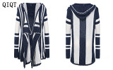 High Quality Striped Clash-Colored Hooded Cardigan Irregular Women Coat Long-Sleeve Cardigan Sweater Jacket