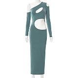 2021 new solid color casual slanted shoulder hollow slim long sleeve midi dress