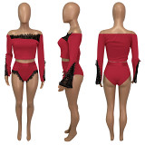 MOEN Fashionable Rib Lace Spliced 2 Piece Set Women Clothing Women 2021 Sexy Off The Shoulder Two Piece Short Set