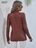 New Arrival Spring  Amazon Hot Selling Women Blouse Lace Stitching Pullover Long Sleeve Shirt