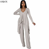 High Quality Solid Color Long Sleeve Irregular Wide Leg Trouser Suit 2 Piece Casual Set Women
