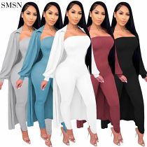 New Trendy Solid Color Long Jumpsuit Suit Womens Clothing Two Piece Pants Set