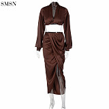 New Trendy Loose Deep V Long Sleeve Top Slit Ruffle Skirt Suit Two Piece Dress Set