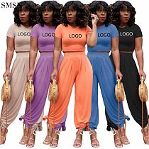 Fashion 2021 Solid Color Wide-Leg Pants T-Shirt Casual Suit Summer Two Piece Outfits For Women