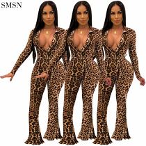 Good Quality Sexy V-Neck Leopard-Print Wide-Leg Jumpsuit Jumpsuits Elegant Women