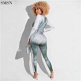 High Quality 3D Printed Round Neck Zipper Slim Jumpsuit Long Sleeve Crew Neck Fall Womens Jumpsuits