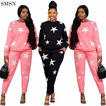 Fashion 2021 The Star Of The Sky Printed Round Collar Casual Hoodie Suit Two Piece Set Fall