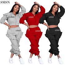 Best Design Solid Color Flounces Zipper Set Two Pieces Pants Sets For Women