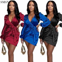 Good Quality Imitative Silk Deep V Wrap Hip Strap Nightclub Dress Flannel Dress Women