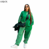 New Trendy Matching Colour Round Collar Loose-Fitting Hoodie Suit Two Piece Sweatpants Set