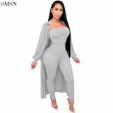 New Trendy Solid Color Long Jumpsuit Suit Womens Clothing Two Piece Pants Set