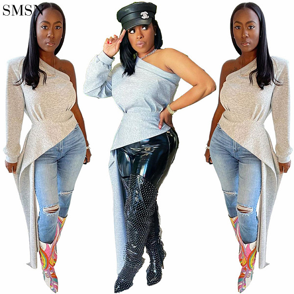 Hot Selling Solid Color Slant Shoulder Asymmetrical Hoodie Top Women Fashion T-Shirts Tops