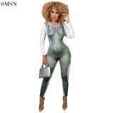 High Quality 3D Printed Round Neck Zipper Slim Jumpsuit Long Sleeve Crew Neck Fall Womens Jumpsuits