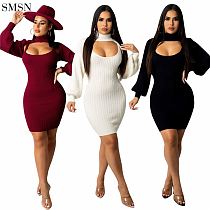 Newest Design Knitted Condole Belt Sexy Two Sets Sweater Set For Women Skirt Suit