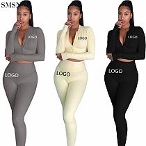 Hot Selling Zipper Top Solid Color Sports Trim Suit Two Piece Casual Set Women