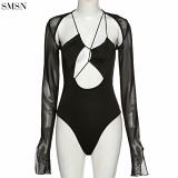 Best Design Solid Color Long Sleeve Stitching Hollow Out Sexy Slim Onesie Rompers Womens Jumpsuit Shorts
