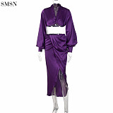 New Trendy Loose Deep V Long Sleeve Top Slit Ruffle Skirt Suit Two Piece Dress Set