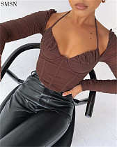 High Quality Mesh See-Through Pleated Necktie Long-Sleeve T-Shirt Women Tops Full Sleeve