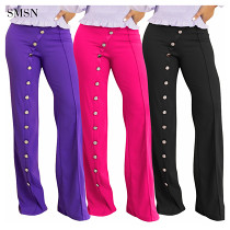 New Arrival 2021 High Waisted Silver Button Straight Leg Trousers Women Winter Pants