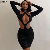 New Trendy Sexy Lace-Up Hollowed-Out Long Sleeve Onesie Mesh Skirt Set Two Piece Dress Set