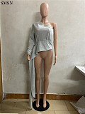 Hot Selling Solid Color Slant Shoulder Asymmetrical Hoodie Top Women Fashion T-Shirts Tops