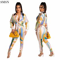 New Trendy Printed Long Sleeve Temperament Stitching Shirt Woman 2 Piece Sets