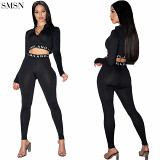 Latest Design Solid Color Tight V-Neck Long Sleeve Suit Two Piece Pants Set Women