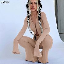 Latest Design Breasted Long Sleeve Top High Waist Casual Wide Leg Trouser Suit Clothes Sets Women