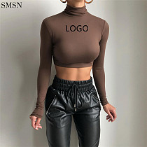 New Trendy Solid Color High Collar Crop Top Sexy Slim T-Shirt Women Long Sleeve Tops