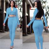 Latest Design Solid Color Tight V-Neck Long Sleeve Suit Two Piece Pants Set Women