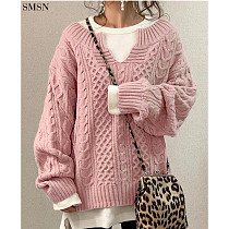 New Arrival 2021 Knitted Hemp Pattern Casual V-Neck Sweater Sweaters Women Long Sleeve Tops