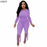 High Quality Solid Color Tassel Trim Two-Piece Set Athletic Wear Women Clothing Sets
