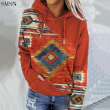 New Arrival 2021 Fall And Winter Ethnic Print Hoodie Long Sleeve T Shirt Women Tops T Shirts