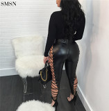 New Trendy Sexy Club Leather Leggings With High Wais Leather Pants For Women Trousers