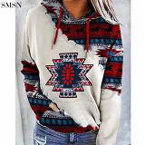 New Arrival 2021 Fall And Winter Ethnic Print Hoodie Long Sleeve T Shirt Women Tops T Shirts