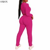 Newest Design Round Collar Solid Pleated Long Sleeve Trouser Suit Lounge Wear Two Piece Set