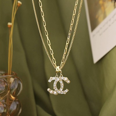 Double C Temperament Necklace Sweater Chain Point Drill Pearl Necklace