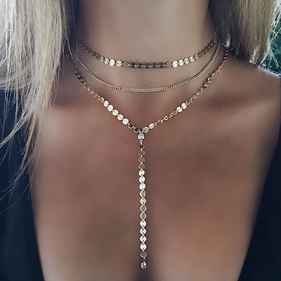 Hand-Made Sequins Chain Necklace Women Round Diamond Tassel Pendant Multilayer Clavicle Chain