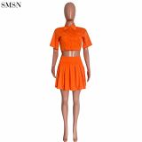 Best Design Solid Color Sexy V-Neck Short Sleeve Skirt Suit Two Piece Skirt Set Women
