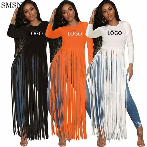New Arrival 2021 Solid Color Long Sleeve Sexy Fringe Nightclub T Shirt Long Sleeve Tops For Women