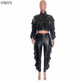 New Arrival 2021 Sexy Ruffled Pu Leather Pants With High Elastic Legs Trousers Leather Pant