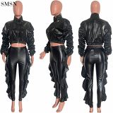 New Arrival 2021 Sexy Ruffled Pu Leather Pants With High Elastic Legs Trousers Leather Pant