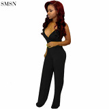 Best Seller Solid Color Sexy Suspenders V-Neck Wide Leg Pants Jumpsuits Women One Piece Jumpsuits
