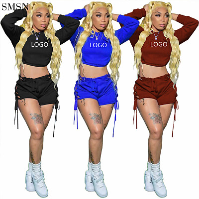 High Quality Long Sleeve Two-Piece Set With Solid Color Strap Drawstring Shorts Women Two Piece Joggers Set